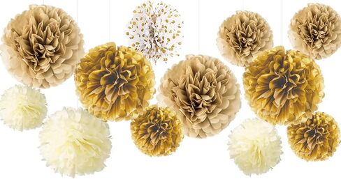 YESON Black and Gold Tissue Paper Pom Poms Hanging Tissue Flowers Poms Decorations Pack of 12 for Wedding, Birthday,Party Backdrop Decor ect. (12", 10",Tissue Paper Flowers) in Saudi Arabia