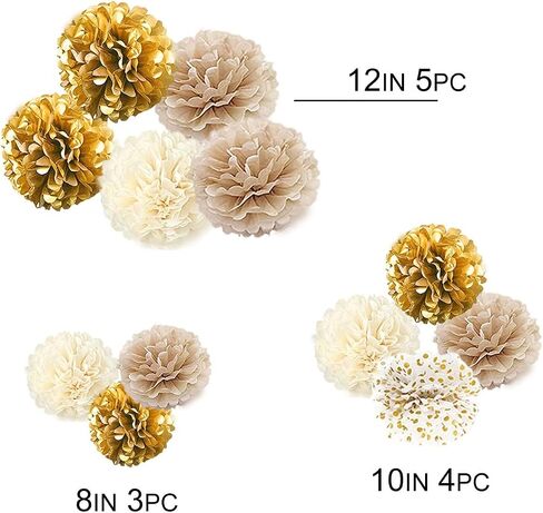 YESON Black and Gold Tissue Paper Pom Poms Hanging Tissue Flowers Poms Decorations Pack of 12 for Wedding, Birthday,Party Backdrop Decor ect. (12", 10",Tissue Paper Flowers) in Saudi Arabia