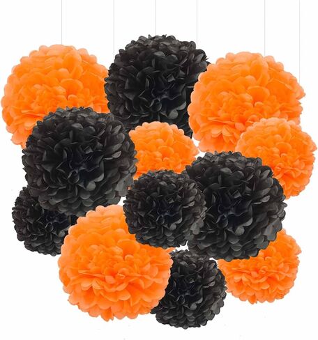 YESON Black and Gold Tissue Paper Pom Poms Hanging Tissue Flowers Poms Decorations Pack of 12 for Wedding, Birthday,Party Backdrop Decor ect. (12", 10",Tissue Paper Flowers) in Saudi Arabia