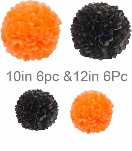 YESON Black and Gold Tissue Paper Pom Poms Hanging Tissue Flowers Poms Decorations Pack of 12 for Wedding, Birthday,Party Backdrop Decor ect. (12", 10",Tissue Paper Flowers) in Saudi Arabia