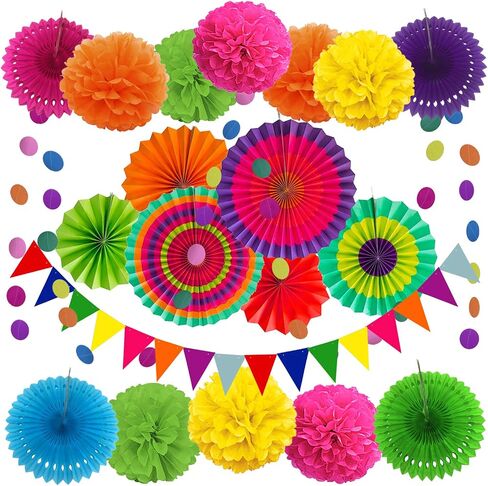 ZERODECO Party Decoration, 21 Pcs Black and Gold Hanging Paper Fans, Pom Poms Flowers, Garlands String Polka Dot and Triangle Bunting Flags for Birthday Parties Wedding Décor, Table & Wall Decorations in Saudi Arabia