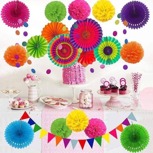 ZERODECO Party Decoration, 21 Pcs Black and Gold Hanging Paper Fans, Pom Poms Flowers, Garlands String Polka Dot and Triangle Bunting Flags for Birthday Parties Wedding Décor, Table & Wall Decorations in Saudi Arabia