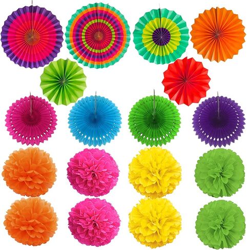 ZERODECO Party Decoration, 21 Pcs Black and Gold Hanging Paper Fans, Pom Poms Flowers, Garlands String Polka Dot and Triangle Bunting Flags for Birthday Parties Wedding Décor, Table & Wall Decorations in Saudi Arabia