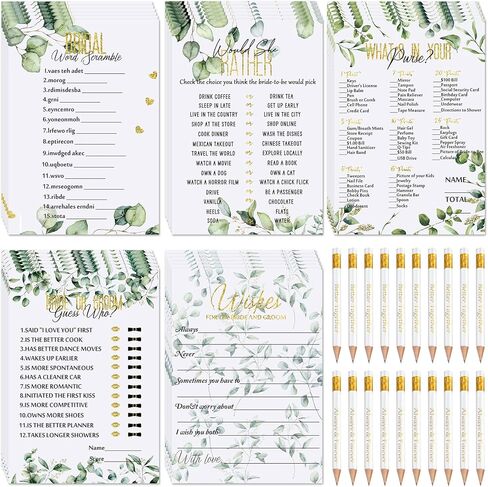 مجموعة ألعاب دش الزفاف 220 قطعة من Outus، بطاقات ألعاب الزفاف، بطاقات الأوكالبتوس والليمون، مستلزمات ألعاب الزفاف وأقلام الرصاص وإكسسوارات الأنشطة للعروس والعريس وحفلات الزفاف (نمط أخضر) in Kuwait