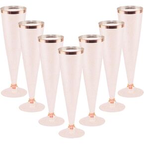 Homy Feel Rose Gold Glitter البلاستيك كؤوس النبيذ الذهبية الوردية 30 حزمة، 5oz مزامير الشمبانيا يمكن التخلص منها للحفلات، مزامير الشمبانيا البلاستيكية، زجاج شريط الميموزا