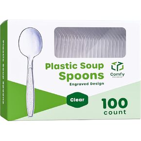 Comfy Package [100 Pack] Heavyweight Clear Plastic Forks with Engraved Design - Disposable Sturdy Plastic Utensils for Parties, Weddings, and Events