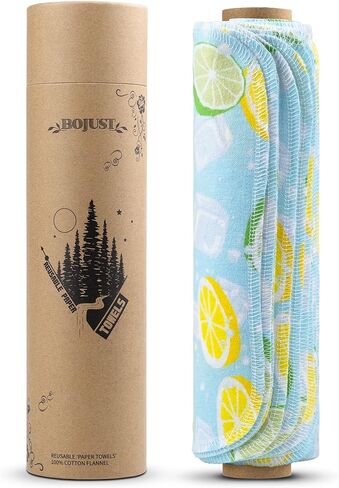لفة مناشف ورقية قابلة لإعادة الاستخدام من BOJUST | 12 منشفة من الفلانيل القطني صديقة للبيئة وقابلة للغسل مع لفة من الورق المقوى | مناديل ورقية قابلة للغسل وإعادة الاستخدام، مناشف ورقية بدون ورق (ليمون، 12 منشفة) in Kuwait