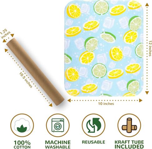 لفة مناشف ورقية قابلة لإعادة الاستخدام من BOJUST | 12 منشفة من الفلانيل القطني صديقة للبيئة وقابلة للغسل مع لفة من الورق المقوى | مناديل ورقية قابلة للغسل وإعادة الاستخدام، مناشف ورقية بدون ورق (ليمون، 12 منشفة) in Kuwait