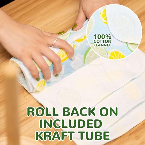 لفة مناشف ورقية قابلة لإعادة الاستخدام من BOJUST | 12 منشفة من الفلانيل القطني صديقة للبيئة وقابلة للغسل مع لفة من الورق المقوى | مناديل ورقية قابلة للغسل وإعادة الاستخدام، مناشف ورقية بدون ورق (ليمون، 12 منشفة) in Kuwait