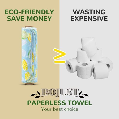 لفة مناشف ورقية قابلة لإعادة الاستخدام من BOJUST | 12 منشفة من الفلانيل القطني صديقة للبيئة وقابلة للغسل مع لفة من الورق المقوى | مناديل ورقية قابلة للغسل وإعادة الاستخدام، مناشف ورقية بدون ورق (ليمون، 12 منشفة) in Kuwait