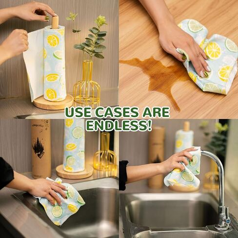 لفة مناشف ورقية قابلة لإعادة الاستخدام من BOJUST | 12 منشفة من الفلانيل القطني صديقة للبيئة وقابلة للغسل مع لفة من الورق المقوى | مناديل ورقية قابلة للغسل وإعادة الاستخدام، مناشف ورقية بدون ورق (ليمون، 12 منشفة) in Kuwait