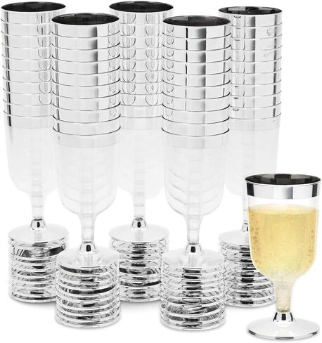 Juvale 50 Pack 7 Oz Clear Plastic Wine Glasses for Parties, Silver Rimmed Goblet Cups with Stems for Weddings in Saudi Arabia