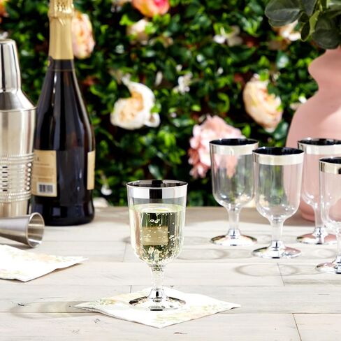 Juvale 50 Pack 7 Oz Clear Plastic Wine Glasses for Parties, Silver Rimmed Goblet Cups with Stems for Weddings in Saudi Arabia