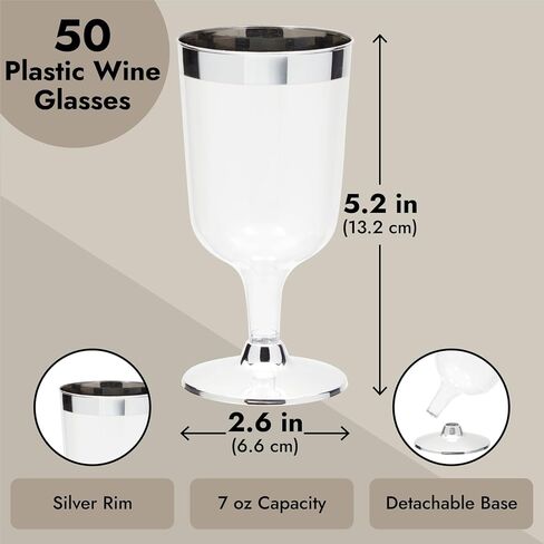 Juvale 50 Pack 7 Oz Clear Plastic Wine Glasses for Parties, Silver Rimmed Goblet Cups with Stems for Weddings in Saudi Arabia