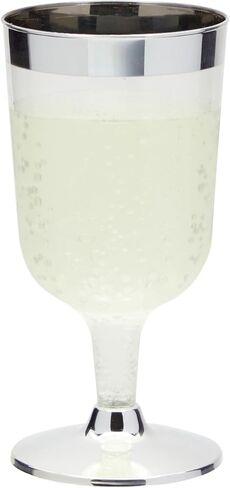 Juvale 50 Pack 7 Oz Clear Plastic Wine Glasses for Parties, Silver Rimmed Goblet Cups with Stems for Weddings in Saudi Arabia