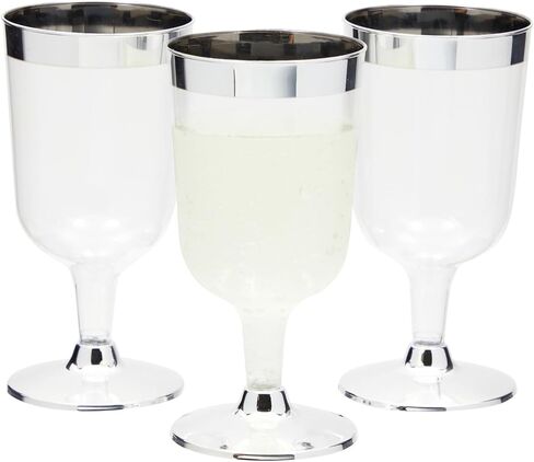 Juvale 50 Pack 7 Oz Clear Plastic Wine Glasses for Parties, Silver Rimmed Goblet Cups with Stems for Weddings in Saudi Arabia