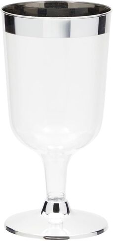 Juvale 50 Pack 7 Oz Clear Plastic Wine Glasses for Parties, Silver Rimmed Goblet Cups with Stems for Weddings in Saudi Arabia