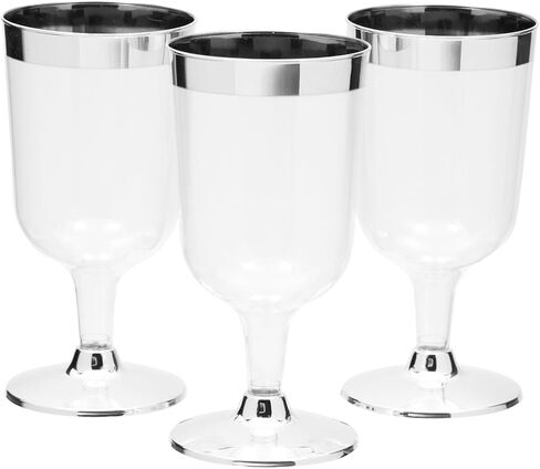 Juvale 50 Pack 7 Oz Clear Plastic Wine Glasses for Parties, Silver Rimmed Goblet Cups with Stems for Weddings in Saudi Arabia