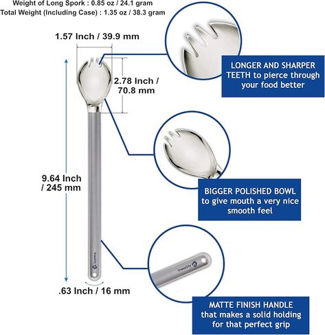 9.65 inch/ 245mm The Longest Titanium Long Handled Spork & Titanium Long Handled Spoon | Long Spork & Long Spoon Bowl is Polished to Give Mouth a Nice Smooth Feel, Comes with Waterproof Cloth Case in Saudi Arabia