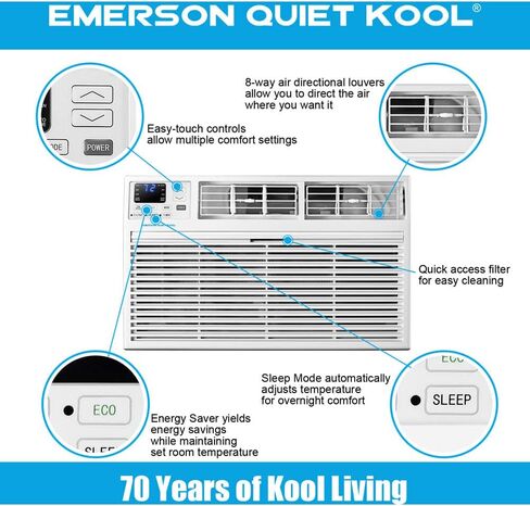 مكيف هواء Emerson Quiet Kool 12,000 BTU 230V Energy Star Smart من خلال الجدار، يبرد الغرف حتى 550 قدم مربع. قدم، مع جهاز تحكم عن بعد، وواي فاي، والتحكم الصوتي، ومؤقت 24 ساعة in Saudi Arabia