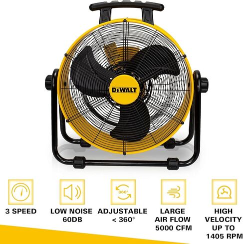 DEWALT DXF-2042 مروحة صناعية عالية السرعة، أرضية، طبل، حظيرة، مستودع، محرك عالي التحمل، جهاز تدوير الهواء المحمول 3 سرعات قابلة للتعديل، 20 بوصة، أصفر in Saudi Arabia