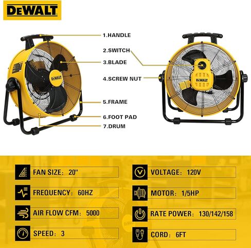 DEWALT DXF-2042 مروحة صناعية عالية السرعة، أرضية، طبل، حظيرة، مستودع، محرك عالي التحمل، جهاز تدوير الهواء المحمول 3 سرعات قابلة للتعديل، 20 بوصة، أصفر in Saudi Arabia