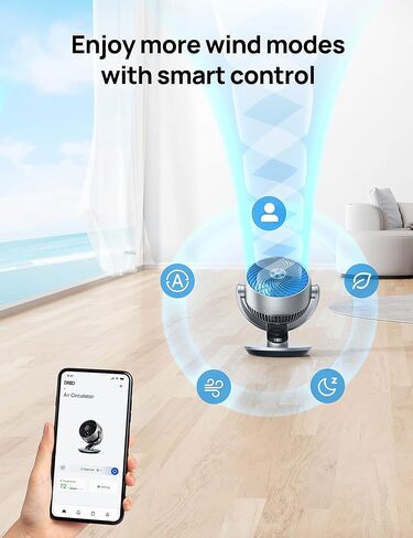مروحة مكتب ذكية من دريو لغرفة النوم، مروحة دائرية قوية لتدوير الهواء في الغرفة بأكملها، 120 درجة + 90 درجة مع التحكم الصوتي، 4 سرعات، 5 أوضاع، مؤقت 12 ساعة، مروحة طاولة محمولة 9 بوصة للمكتب والمنزل in Kuwait