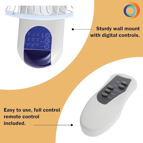 Comfort Zone Oscillating Wall Mount Fan with Remote Control, Timer, Auto Shut Off, Adjustable Tilt, Quiet, 16 inch, 3 Speed, Ideal for Home, Bedroom, Gym & Office, Airflow 14.07 ft/sec, CZ16WR in Kuwait