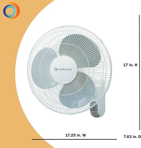 Comfort Zone Oscillating Wall Mount Fan with Remote Control, Timer, Auto Shut Off, Adjustable Tilt, Quiet, 16 inch, 3 Speed, Ideal for Home, Bedroom, Gym & Office, Airflow 14.07 ft/sec, CZ16WR in Kuwait