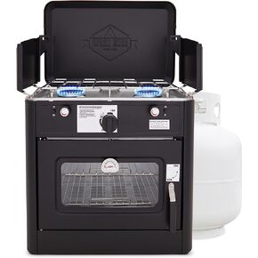 Hike Crew Outdoor Gas Camping Oven w/Carry Bag | CSA Approved Portable Propane-Powered 2-Burner Stove & Oven | Auto Ignition, Overheat Safety Shutoff, Built-In Thermometer | Hose & Regulator Included