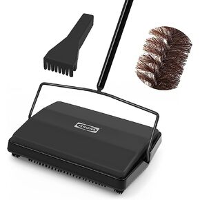 JEHONN Carpet Floor Sweeper Manual with Horsehair, Non Electric Quite Rug Roller Brush Push for Cleaning Pet Hair, Loose Debris, Lint (Black)
