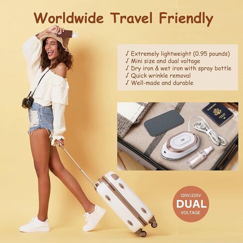 Newbealer Travel Iron with Dual Voltage - 120V/220V Lightweight Dry Iron for Clothes (No Steam), Non-Stick Ceramic Soleplate, 302℉ Mini Heat Press Machine, w/Spray Bottle, Pouch & Silicone Stand in Kuwait