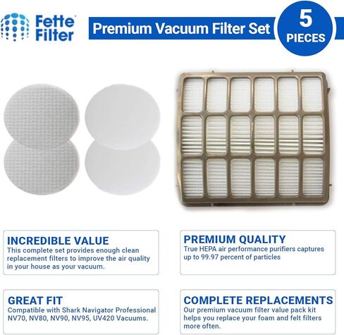 فلتر Fette - مرشحات مكنسة كهربائية متوافقة مع مكانس Shark Navigator Professional NV70، NV80، NV90، NV95، UV420. قارنه بالجزء رقم XFF80 وXHF80. (1 هيبا 2 فوم) in Kuwait
