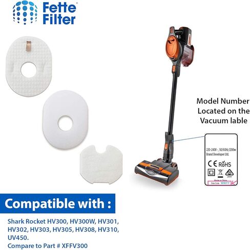 فلتر Fette - طقم فلتر فراغ XFFV300 من الرغوة واللباد متوافق مع طراز مكنسة Shark Rocket CS100 HV292 HV300 HV300C HV300W HV300WC HV301 HV301C HV302 HV302Q HV303 HV305 HV307QBK HV307QHX HV307QPK HV307QPR ​​HV307 ريال قطري HV310 QS301QBK QS301QHB QS301QIB QS3 in Kuwait