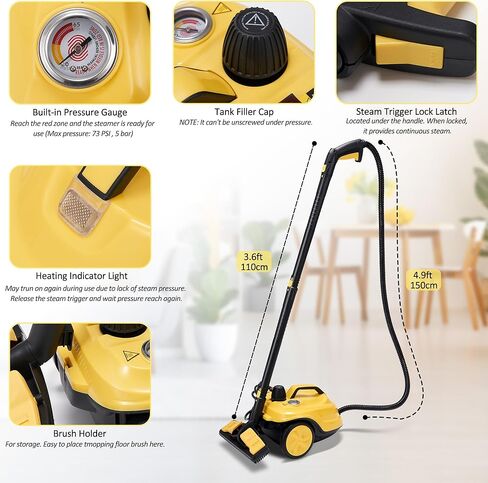 منظف ​​بخار سبورجوم، جهاز بخار مطهر مضغوط خالٍ من المواد الكيميائية للتنظيف، خزان سعة 1.8 لتر، ممسحة بخار 1800 وات مع 27 ملحقًا لتنظيف الأرضيات والسجاد وتنجيد السيارات والنوافذ (بدون مقياس الضغط) in Kuwait
