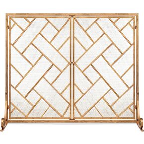 Best Choice Products 44x33in 2-Panel مصنوع يدويًا من الحديد المطاوع المزخرف بشبكة هندسية للمدفأة، واقي شرارة النار مع أبواب مغناطيسية - ذهبي