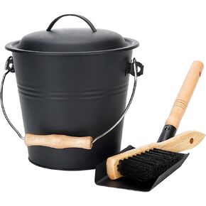 MINI Ash Bucket with Lid, 1.5-Gallon Pail with Shovel and Hand Broom, Metal Bucket Coal and Ash Carrier Wood Pellet Storage Container Tool set for Fireplace Fire Pit, Wood Burning Stove (PARTS INSIDE)