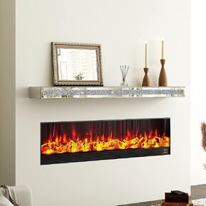 Fireplace Mantel, 47 Inch Mirrored Floating Shelf with Crystal Crushed Diamond Inlay, Wall Mounted Glass Long Shelf for Wall Decor (Silver, 47" L X 3.2" H X 7.9" D) in Saudi Arabia