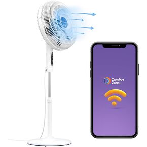 Comfort Zone Smart WiFi Oscillating Stand Fan, 18 inch, 3 Speed, Wall-Mountable, Voice Control, Full-Function Timer, Adjustable Stand up to 53 inches, Tri-Curve Technology to Reduce Noise, CZST180SBK