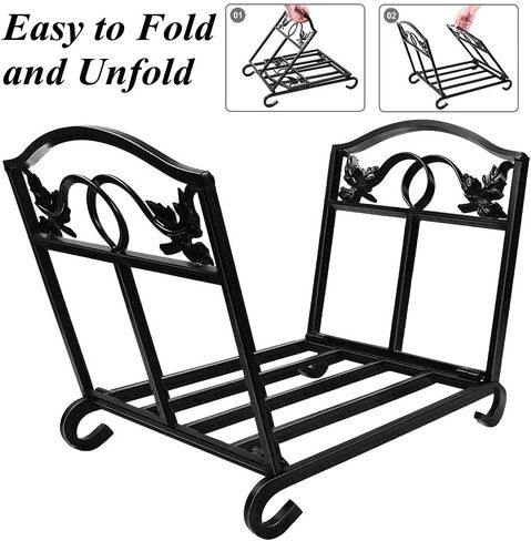 Amagabeli Firewood Rack Indoor Outdoor Heavy Duty Foldable Firewood Holder Wrought Iron Fireplace Log Holders with Leaves Design and Raised Arched Feet Wood Rack for Firewood Metal Wood Basket Black in Saudi Arabia
