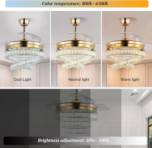 diisunbihuo 42 "مراوح سوداء مع أضواء عكس الضوء LED مروحة سقف كريستال فردية 3 LED تغيير اللون مع وظيفة ذاكرة Timi in Kuwait