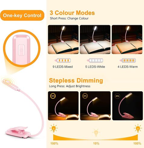 Gritin 9 LED Rechargeable Book Light for Reading in Bed - Eye Caring 3 Color Temperatures,Stepless Dimming Brightness,80 Hrs Runtime Small Lightweight Clip On Book Reading Light for Studying in Saudi Arabia