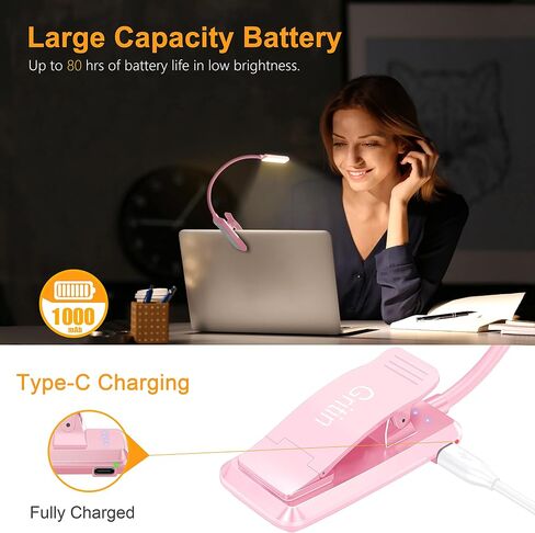 Gritin 9 LED Rechargeable Book Light for Reading in Bed - Eye Caring 3 Color Temperatures,Stepless Dimming Brightness,80 Hrs Runtime Small Lightweight Clip On Book Reading Light for Studying in Saudi Arabia