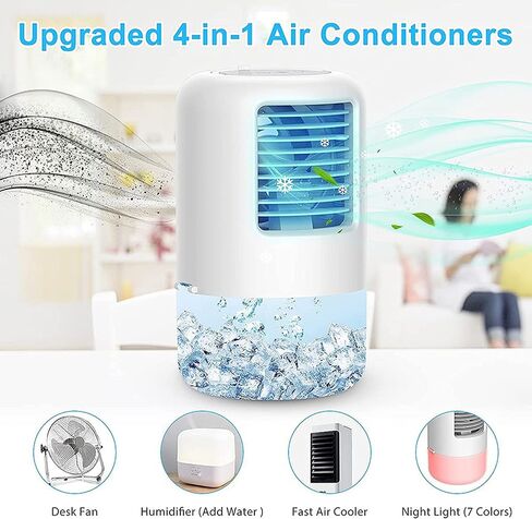 Portable Air Conditioners, 500ml Evaporative Air Cooler Fan, 3 Wind Speed and 7 LED Light, 2-4 H Timing Personal Air Cooler for Room Camping Car Office in Kuwait