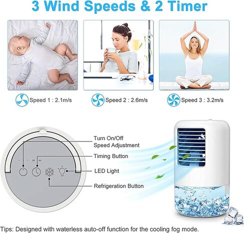 Portable Air Conditioners, 500ml Evaporative Air Cooler Fan, 3 Wind Speed and 7 LED Light, 2-4 H Timing Personal Air Cooler for Room Camping Car Office in Kuwait