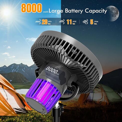 مروحة تخييم مع فانوس LED، مروحة محمولة تعمل بالبطارية بقدرة 8000 مللي أمبير في الساعة مع حامل ثلاثي القوائم، مروحة خيمة معلقة قابلة لإعادة الشحن مع خطاف، محور 270 درجة، 3 سرعات، مروحة مكتب محمولة USB للتخييم والمشي لمسافات طويلة في الهواء الطلق in Saudi Arabia