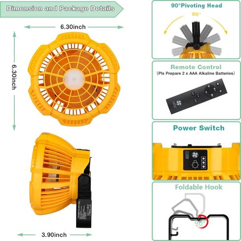Cordless Fan Portable Camping Fan with 300LM LED Light&USB Port,9W Battery Powered Desk Fan Compatible with Dewalt 14.4V-20V Lithium Battery,for Travel,Tent,Office,Home,Picnic,Barbecue,Fishing in Kuwait