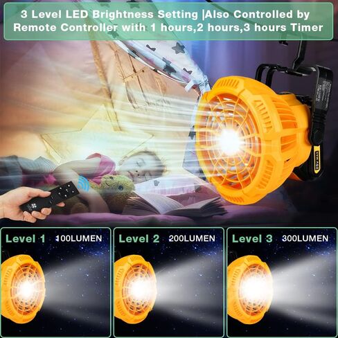 Cordless Fan Portable Camping Fan with 300LM LED Light&USB Port,9W Battery Powered Desk Fan Compatible with Dewalt 14.4V-20V Lithium Battery,for Travel,Tent,Office,Home,Picnic,Barbecue,Fishing in Kuwait