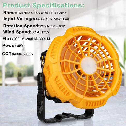 Cordless Fan Portable Camping Fan with 300LM LED Light&USB Port,9W Battery Powered Desk Fan Compatible with Dewalt 14.4V-20V Lithium Battery,for Travel,Tent,Office,Home,Picnic,Barbecue,Fishing in Kuwait