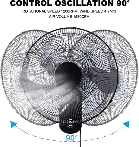 18″ Blade Wall Mount Fan, 5 Blades Adjustable 3 Speed Wall Mount Fan for Indoor, Home, Office and College Dorm Use, 90 Degree Horizontal Oscillating, 4 Hours Timer, Black,2-Pack in Saudi Arabia